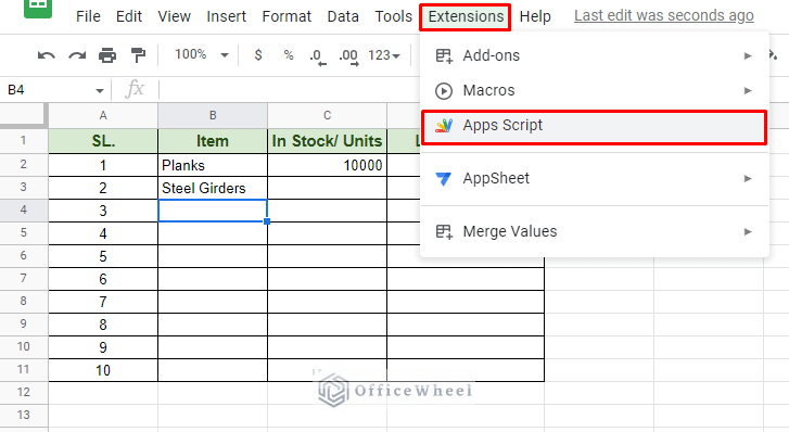 navigating to apps script option from the extensions tab